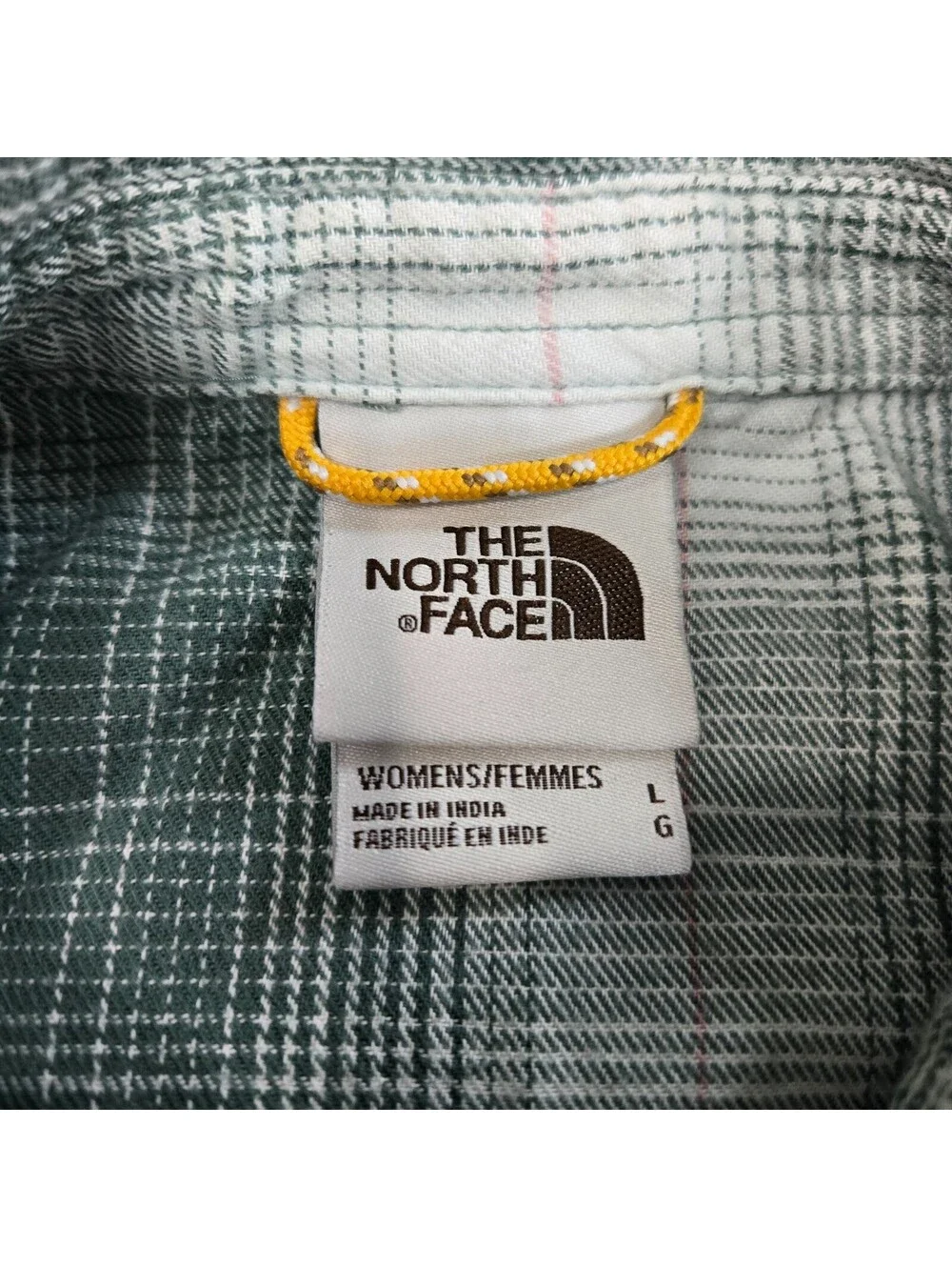 The North Face Womens Large Cotton Flannel Shirt Plaid Green Pleated Back Hiking